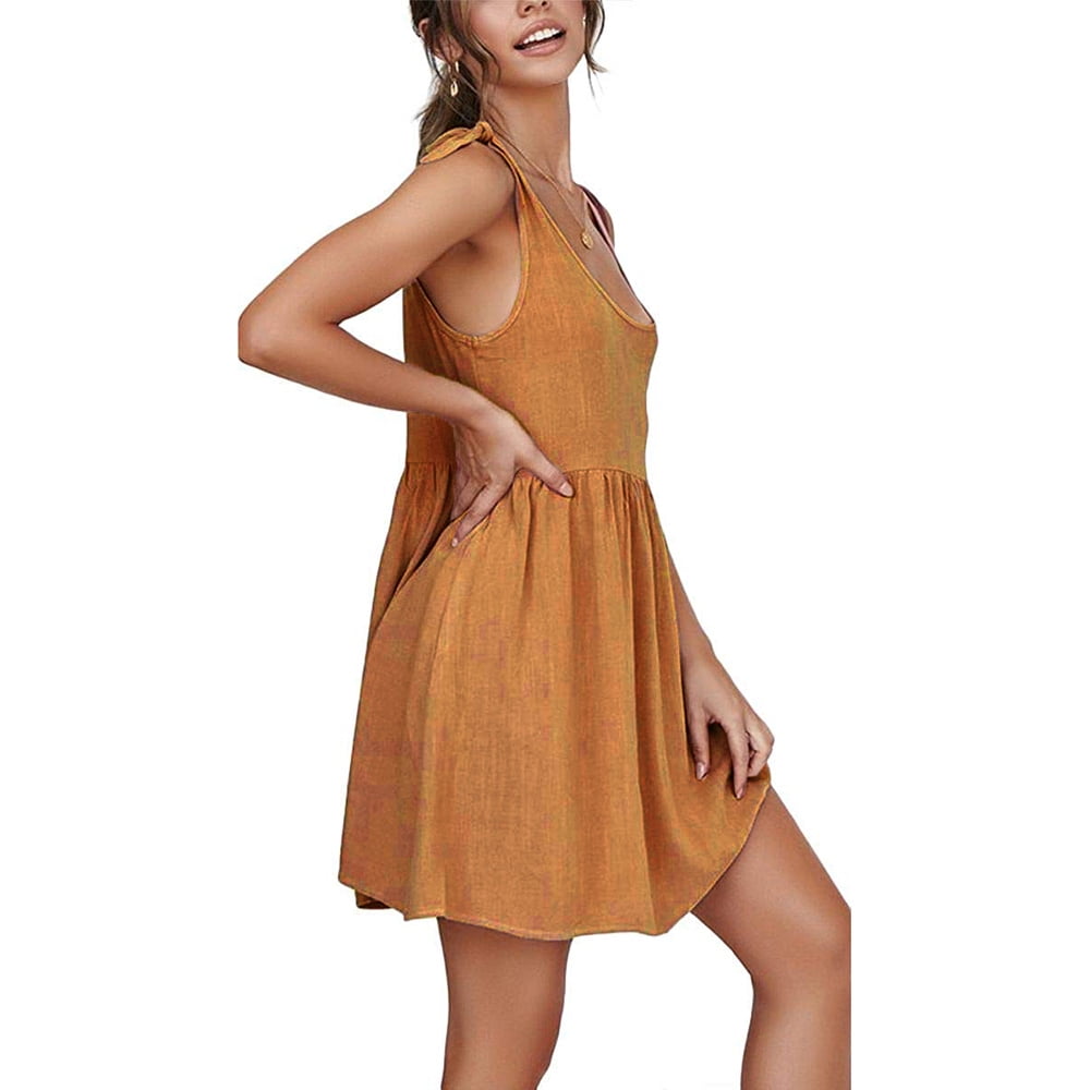 Yskkt Womens Summer Shoulder Tie Strap Babydoll Dress Casual Scoop Neck  Mini Sundress - Walmart.com